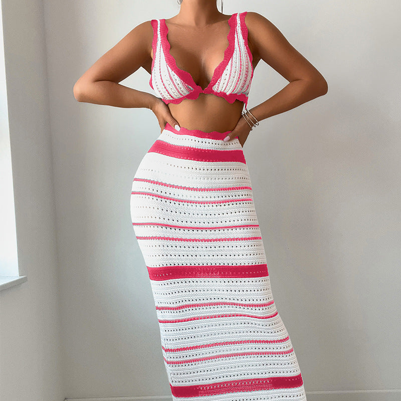 CYB striped textured beach bikini long skirt suit