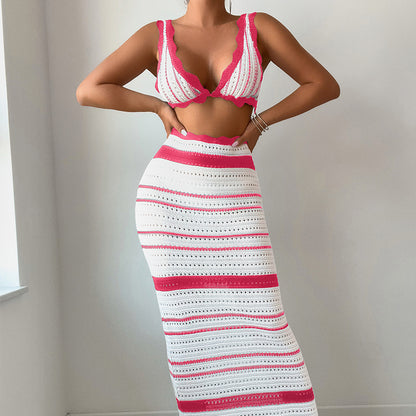 CYB striped textured beach bikini long skirt suit