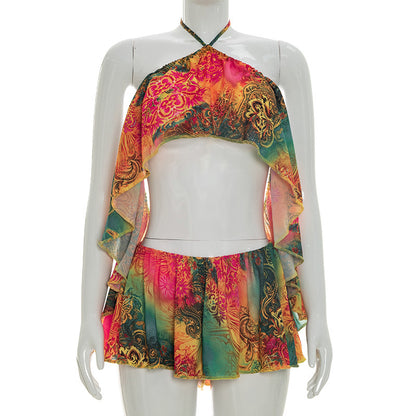 DZHT D26ST092 printed mesh ruffled halter backless top and shorts two-piece suit