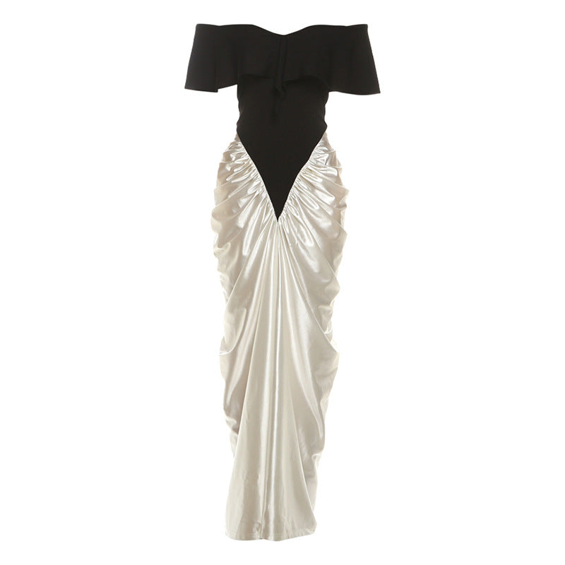 SXR autumn and winter off-the-shoulder waist ruffle hip contrasting-color dress