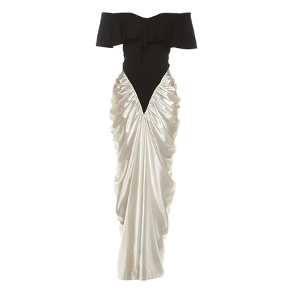 SXR autumn and winter off-the-shoulder waist ruffle hip contrasting-color dress