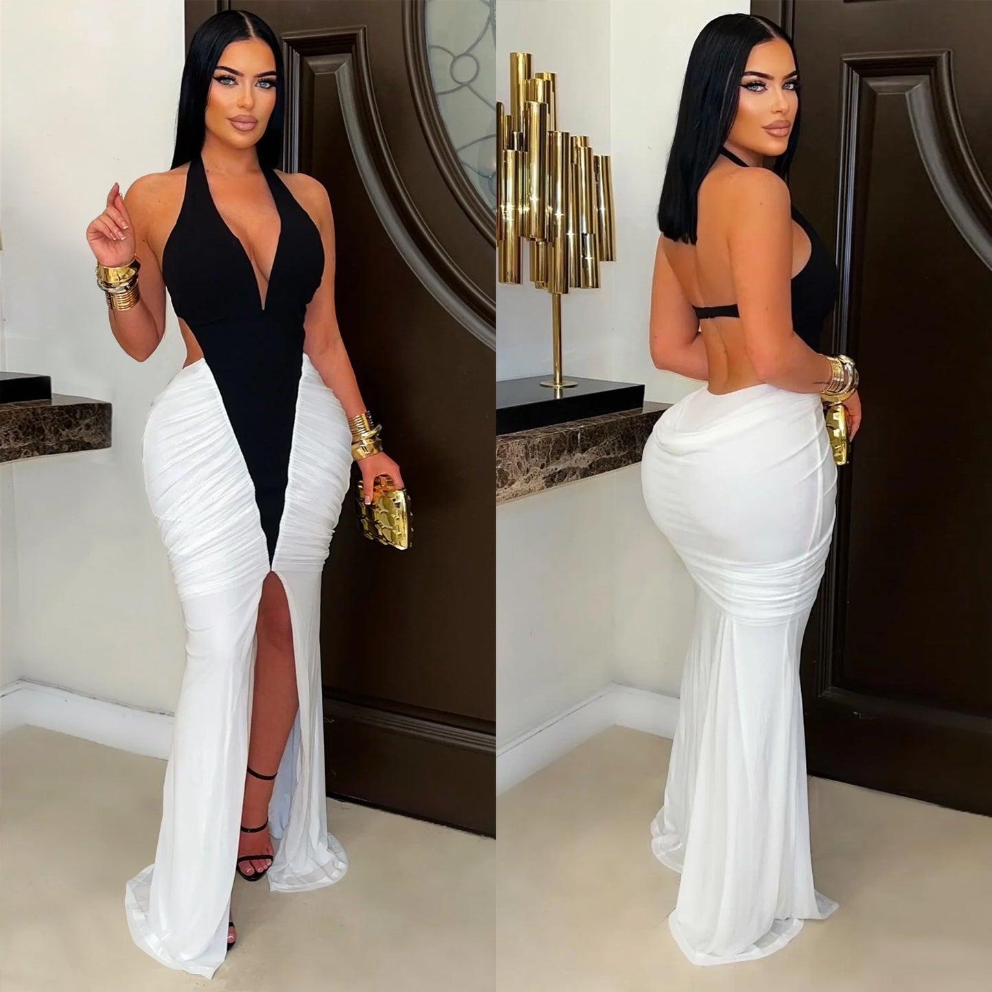 XYZ C7573v collar arm covering split backless dress