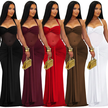 XYZ C7608 sheer mesh halter tied dress