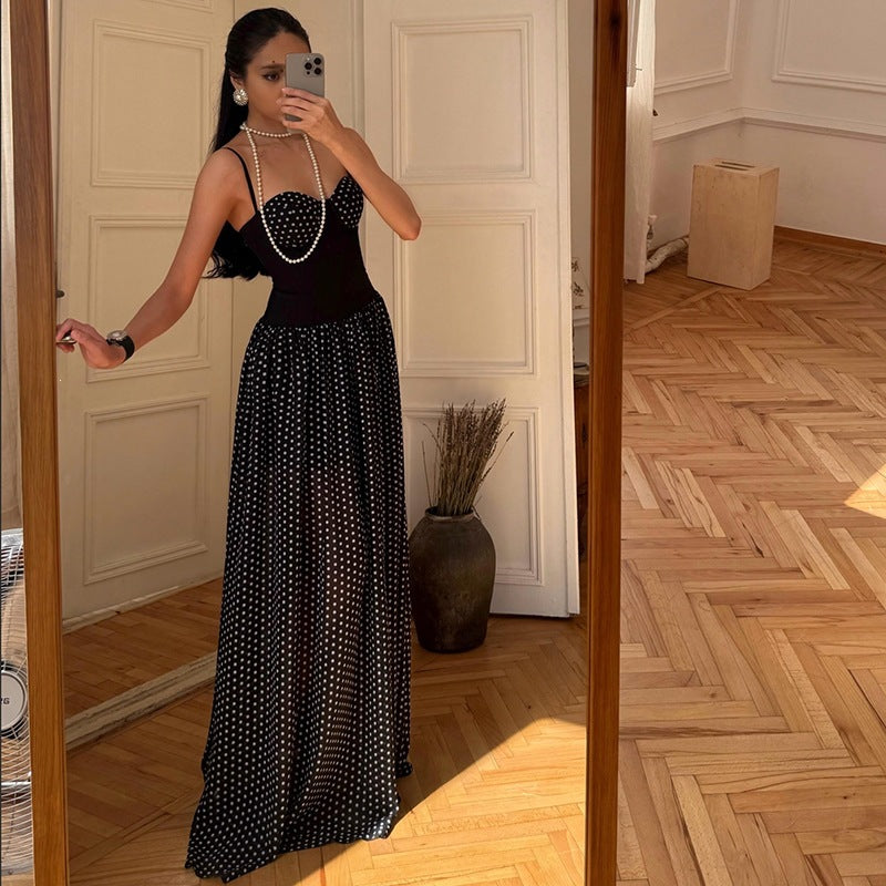 DLS tube top backless ribbon wave point printing slip dress