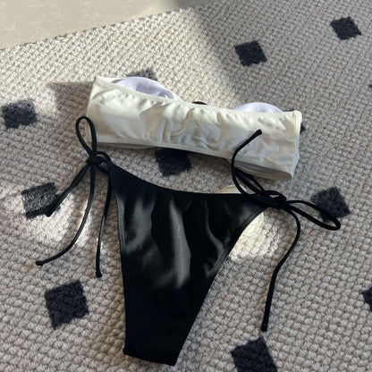 (4 days ready to ship) SY color matching rose tube top lace-up drawstring strap split swimsuit bikini 9149