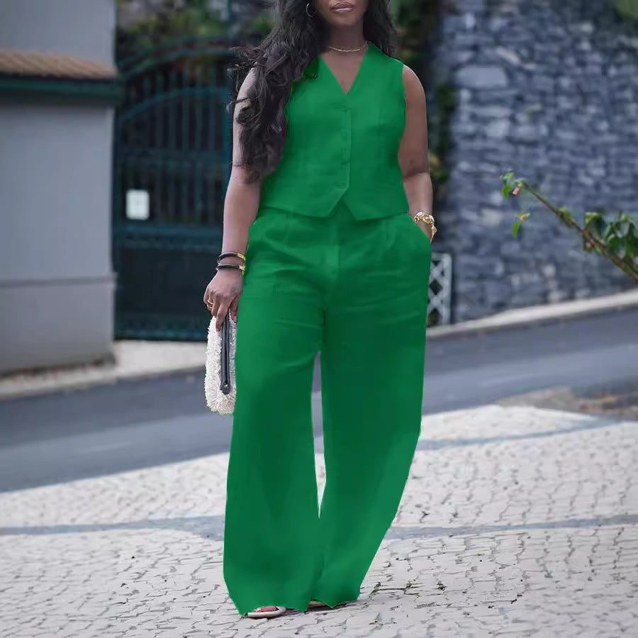 GY (S-3XL) S10896 V-neck vest wide leg pants suit