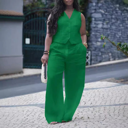 GY (S-3XL) S10896 V-neck vest wide leg pants suit