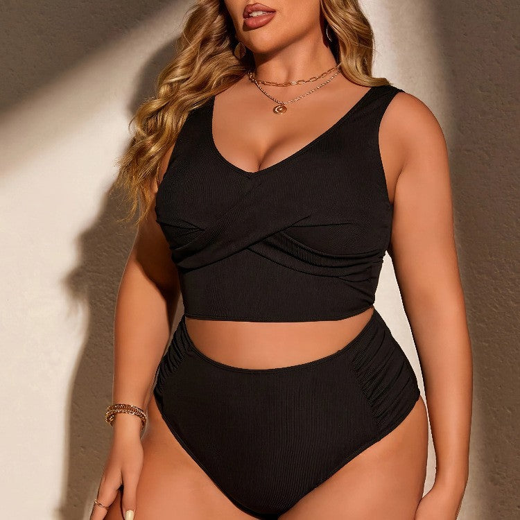 CL (L-4XL) tankini 2026 split high waist solid color special fabric large size swimsuit for women