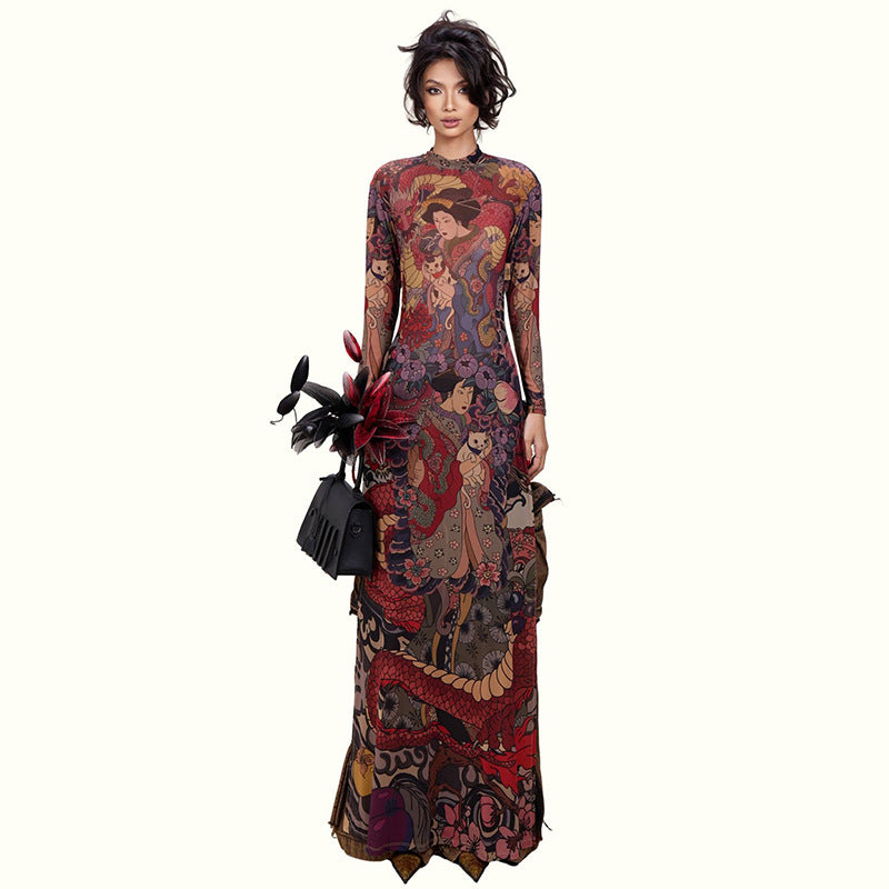 DLS Spring crew neck personality printed waist-controlled slim and tall looking split long top