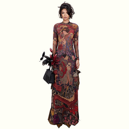 DLS Spring crew neck personality printed waist-controlled slim and tall looking split long top