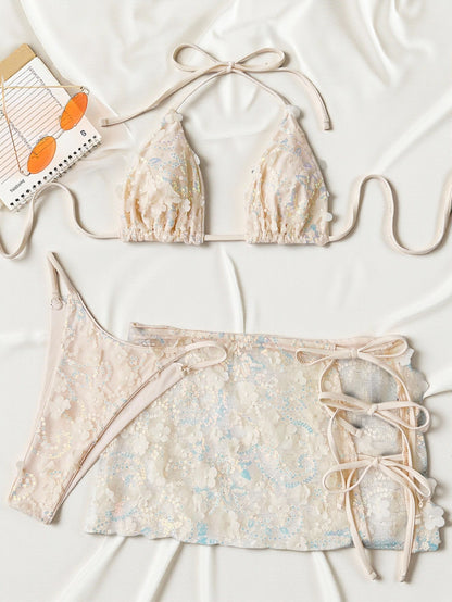 Bikini three piece swimsuit sequined swimsuit women strap match sets 6802