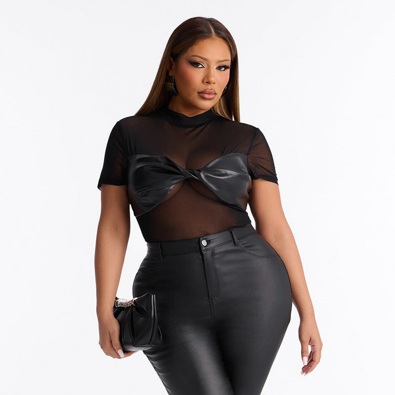 DZHT J26BS176 short sleeve twisted mesh Stitching small round neck jumpsuit