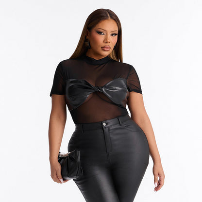 DZHT J26BS176 short sleeve twisted mesh Stitching small round neck jumpsuit