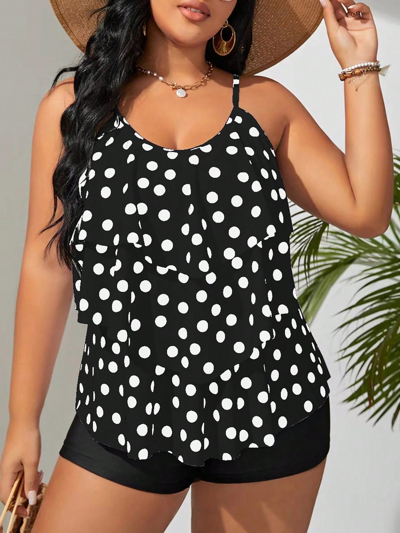 LF (L–4XL) 2026 Tankini, Vest-Style High-Elastic Polyester Printed Plus-Size Two-Piece
