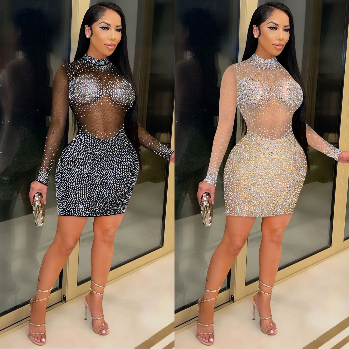 XYZ C5890 nightclub rhinestone mesh see-through long sleeve dress