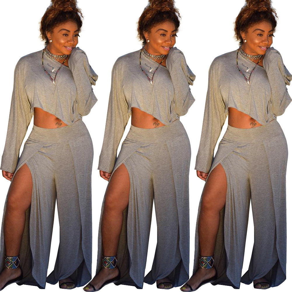 GY (S-3XL) K8747 shoulder long sleeve casual slit blouse and pants club wear