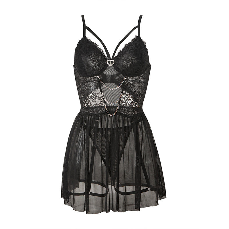 Mesh stitching lace metal chain love sling sexy suit two-piece set 2001