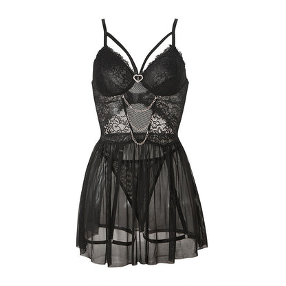 Mesh stitching lace metal chain love sling sexy suit two-piece set 2001