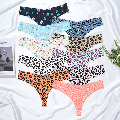 T-shaped panties low waist plus size breathable purified cotton crotch underwear seamless Ice Silk quick-drying leopard print T-back sheath