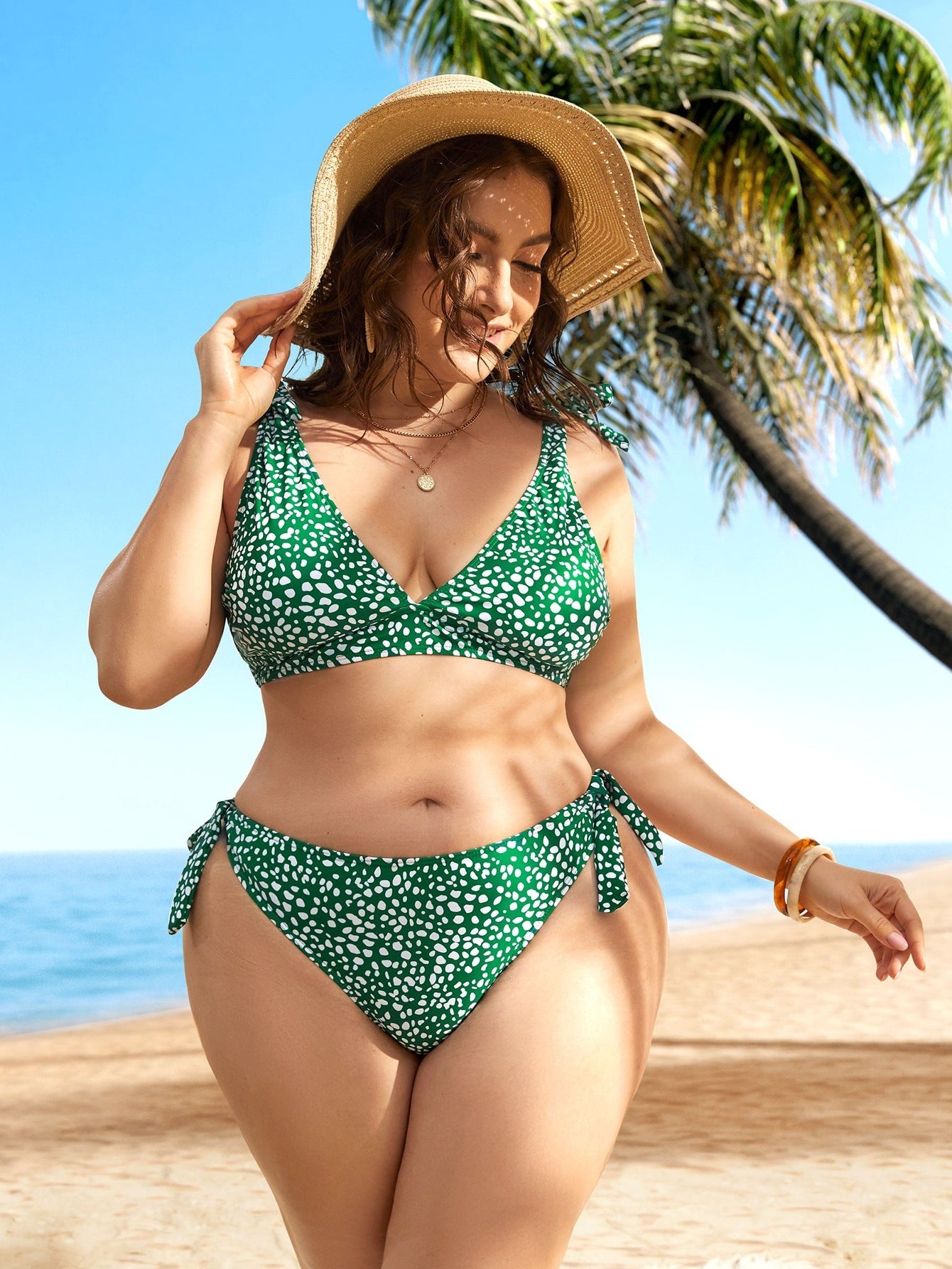 LF (L-4XL) women's split color printing swimsuit plus size