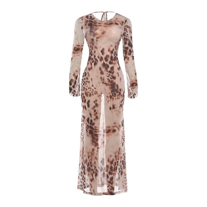 DLS summer long-sleeve round neck leopard print sheath dress