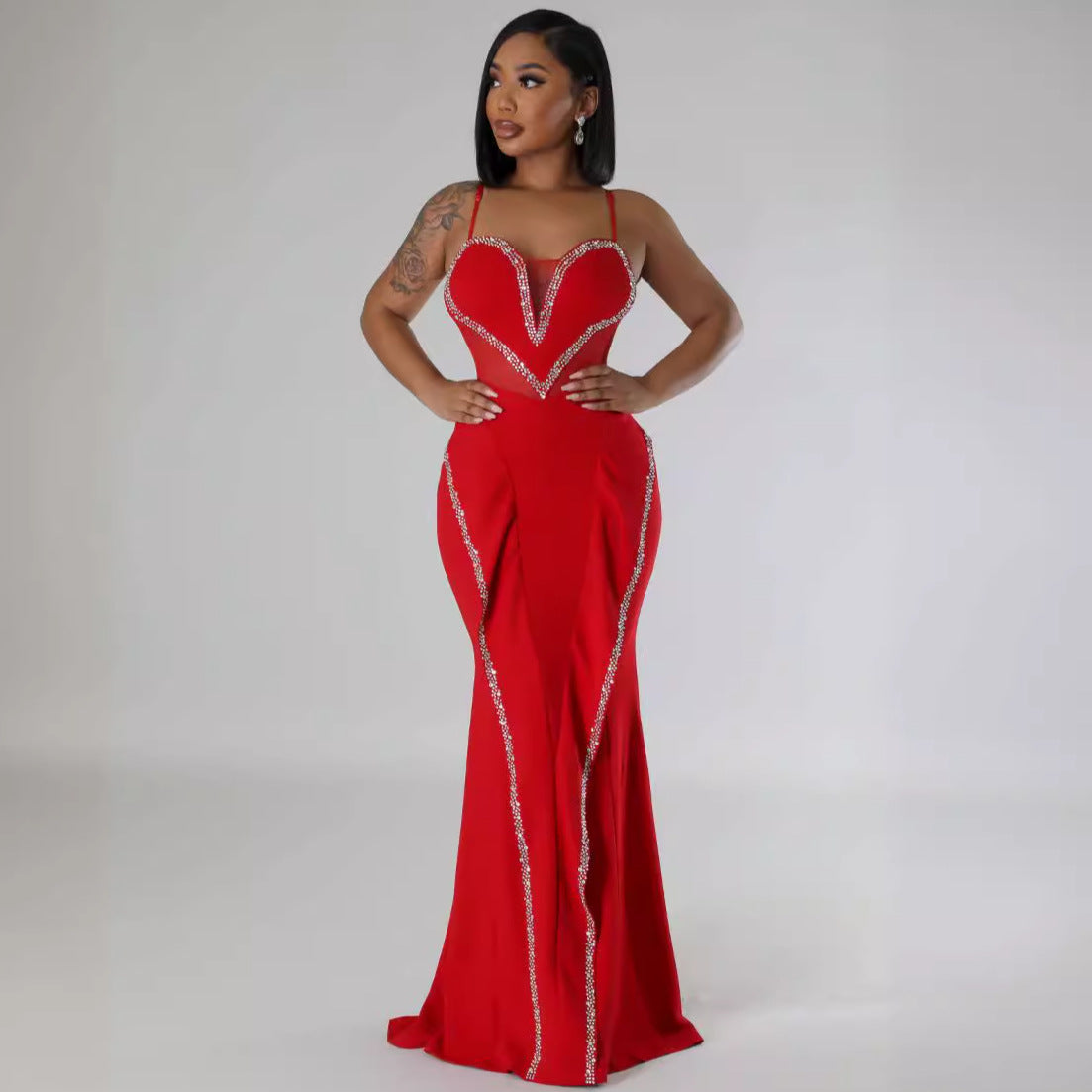 GY (S-2XL) K3161 rhinestone mesh see-through stitching lace hip spaghetti straps dress