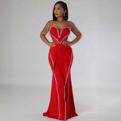 GY (S-2XL) K3161 rhinestone mesh see-through stitching lace hip spaghetti straps dress