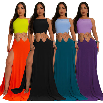 MYF (S-2XL) 20194 European back high slit contrasting-color dress