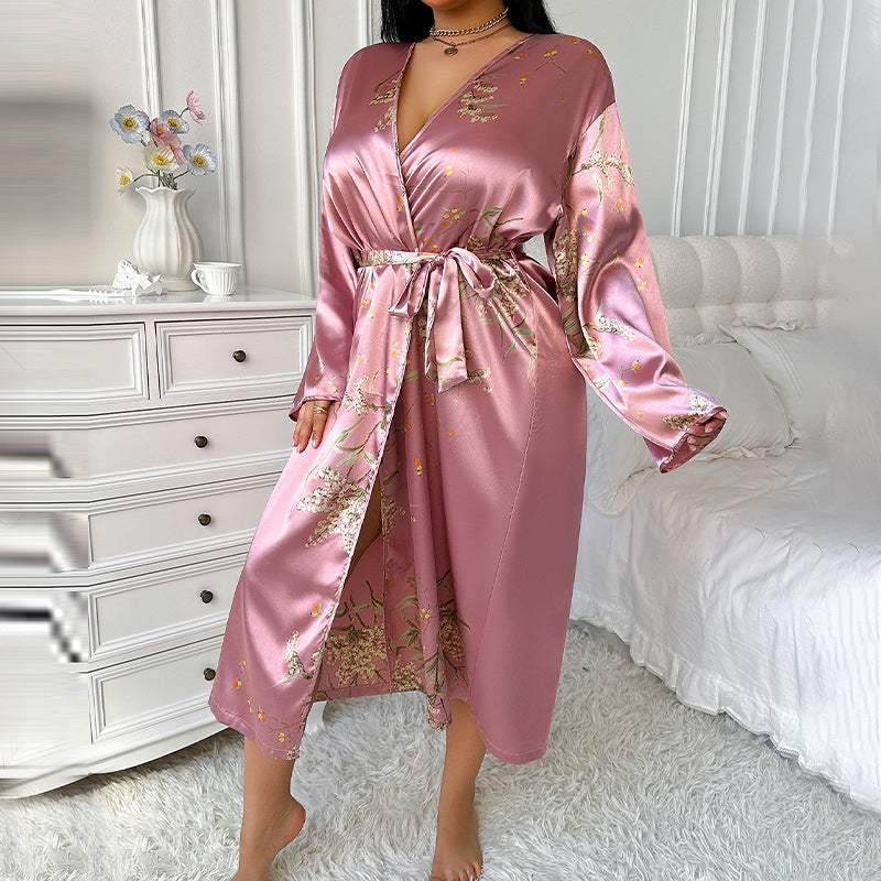 DNL spring large size bathrobe female printing emulation silk nightgown Ice Silk Silk