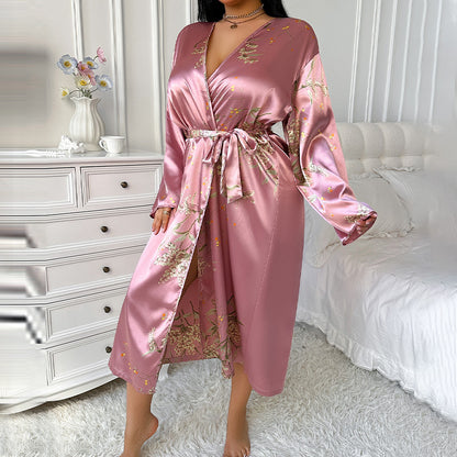 DNL spring large size bathrobe female printing emulation silk nightgown Ice Silk Silk