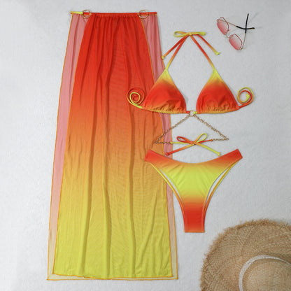 (4 days ready to ship) SY gradient mesh long dress drawstring banded bikini three-piece set