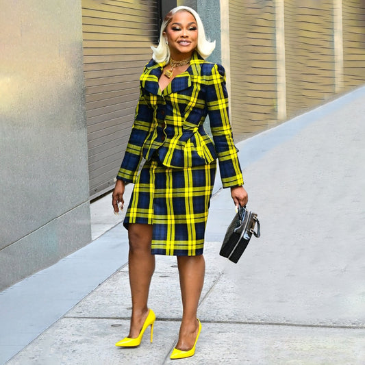 MYF (S-2XL) 10886 plaid dress lapel sheath skirt suit