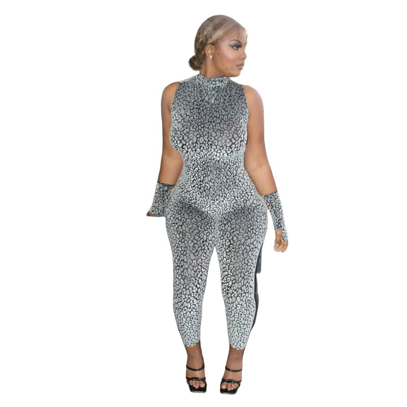 MZ (S-2XL) leopard print sleeveless MZ halter backless lace-up stretch gloves jumpsuit