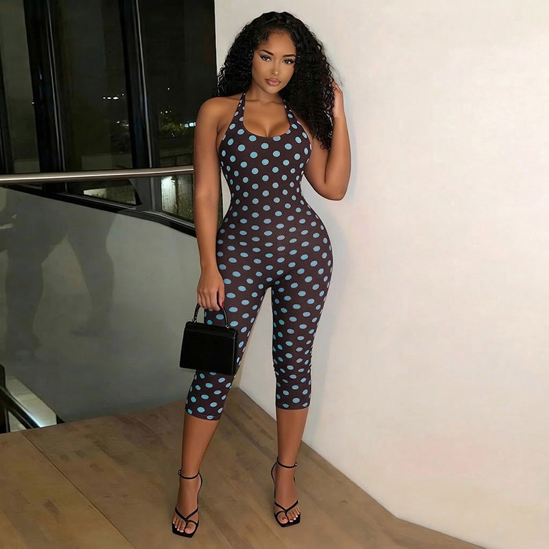 DZHT J26JP088 fashion sleeveless tight slimming polka dot cropped jumpsuit