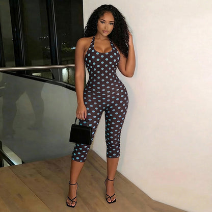DZHT J26JP088 fashion sleeveless tight slimming polka dot cropped jumpsuit