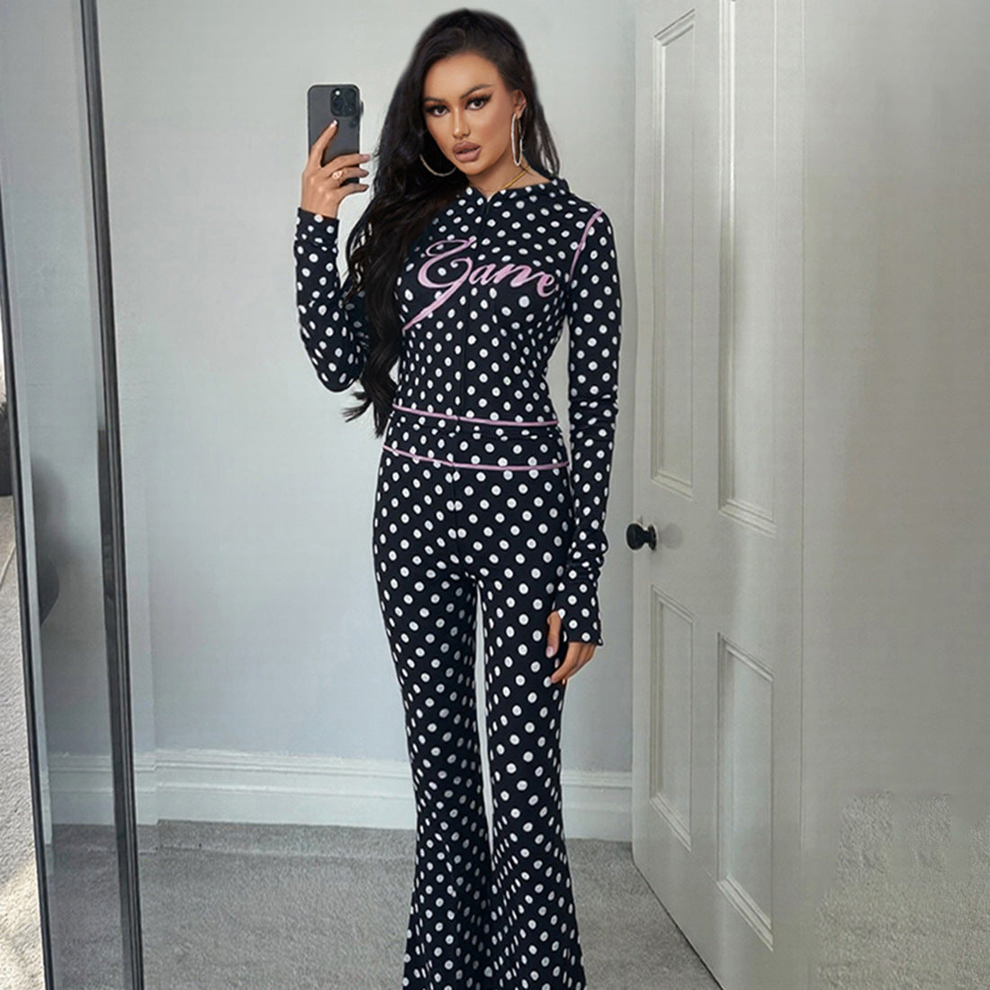 SXR autumn and winter polka dot letter print navel hooded jacket trousers suit