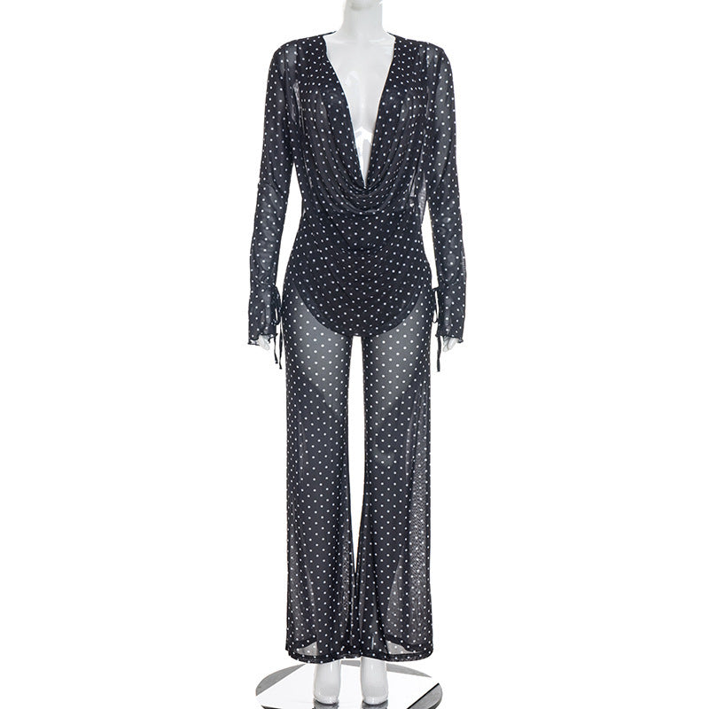 DZHT J26ST182 mesh see-through long sleeve draped collar top loose trousers polka dot printing suit