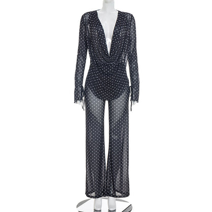 DZHT J26ST182 mesh see-through long sleeve draped collar top loose trousers polka dot printing suit