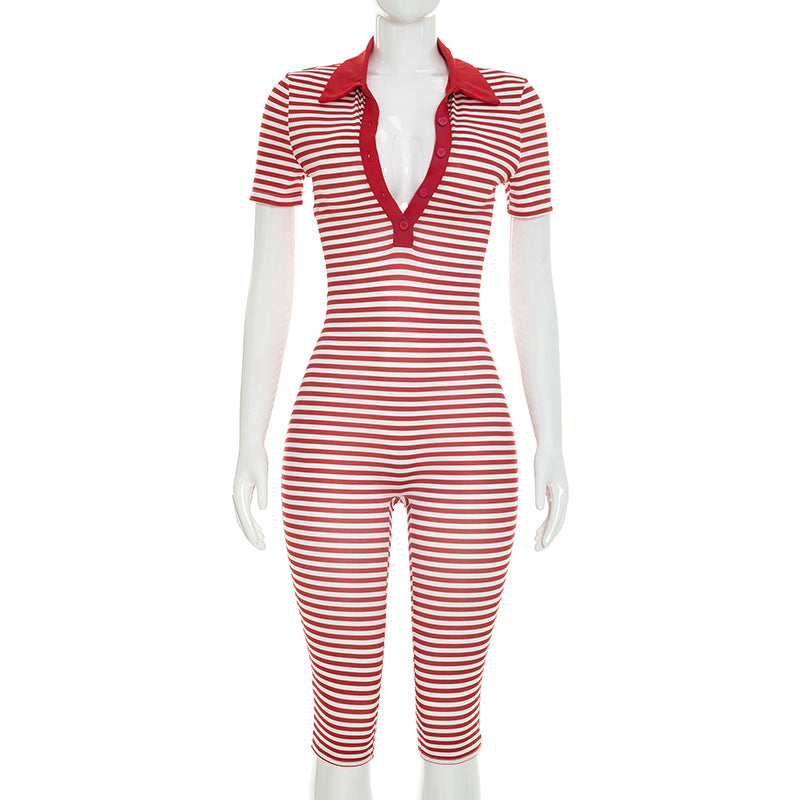 DZHT D26JP197 striped printing lapel short sleeve tight one-piece cropped pants