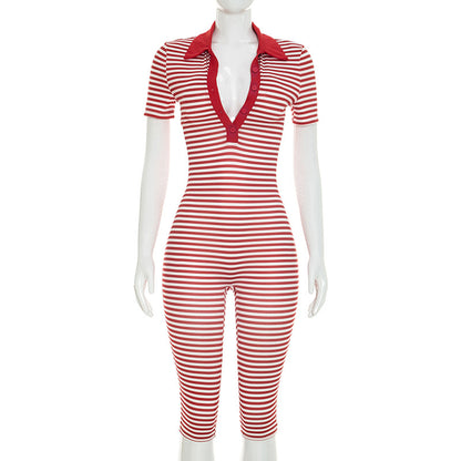 DZHT D26JP197 striped printing lapel short sleeve tight one-piece cropped pants