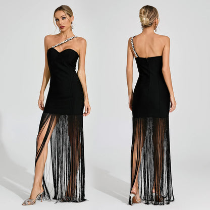 XYZ C7565 tube top shoulder strap rhinestone tassel dress