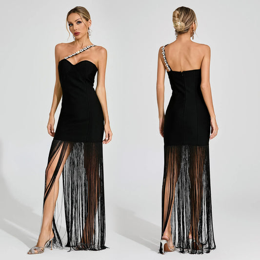 XYZ C7565 tube top shoulder strap rhinestone tassel dress