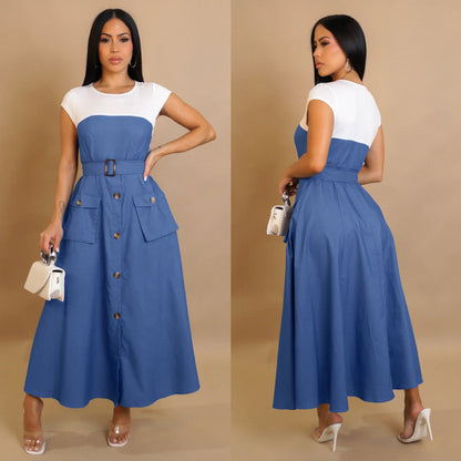 GY (S-3XL) K3635 denim stitching contrast color overalls pocket a-style hemline waist dress