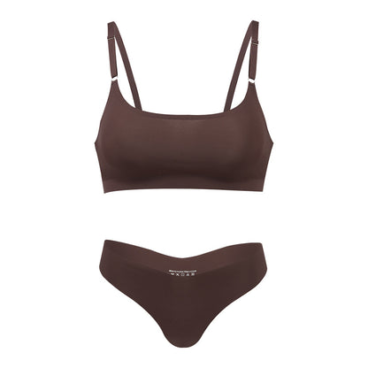 Seamless thin large size underwear set small breast size exaggerating bra T-shaped beauty back adjustable wireless bra