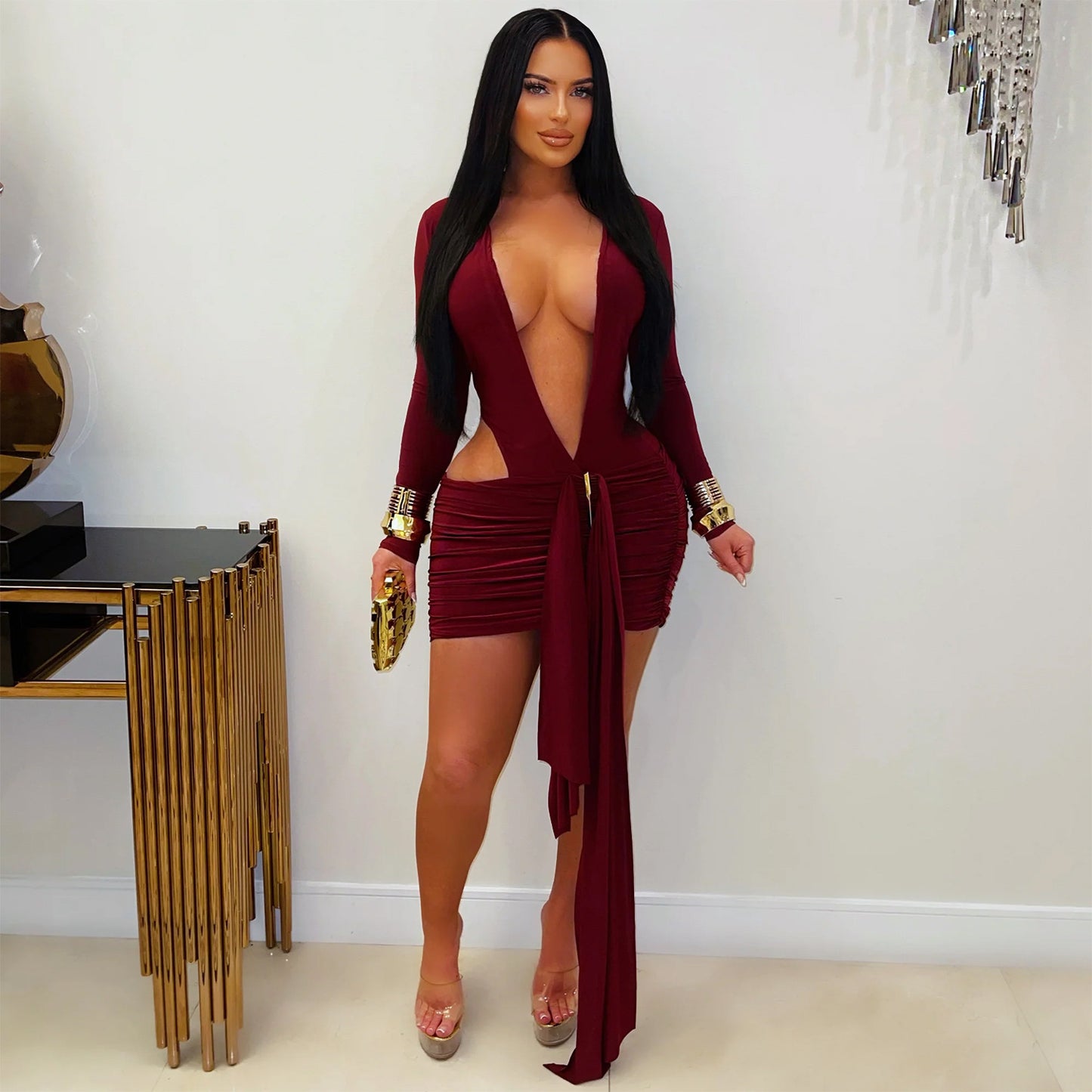 XYZ C7607 deep V ribbon dress skirt