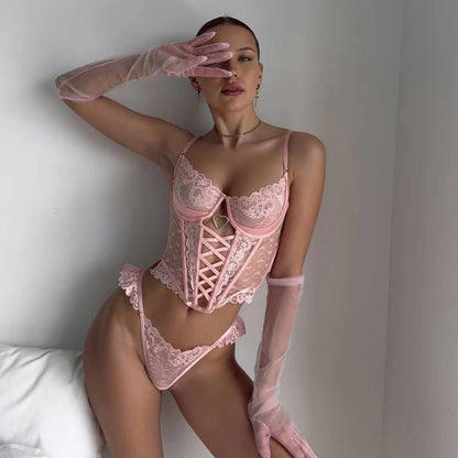 Lace stitching see-through love chest strap sexy lingerie split suit