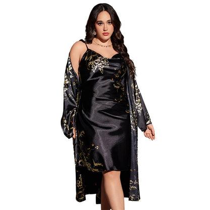 DNL plus size printed pajamas outer wear long pajamas set lace-up nightgown nightdress two-piece set