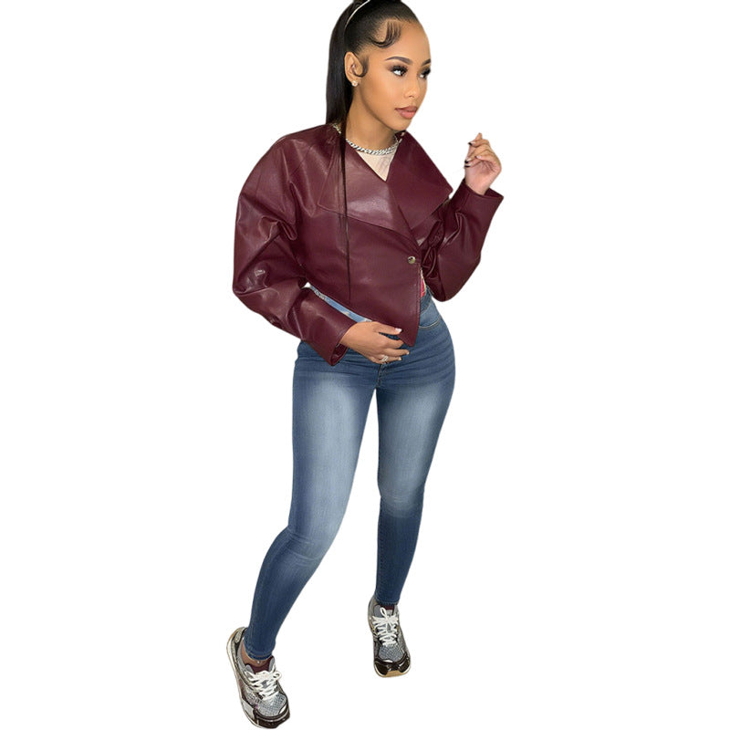 SXR summer fashion waist-controlled navel PU leather solid color casual jacket