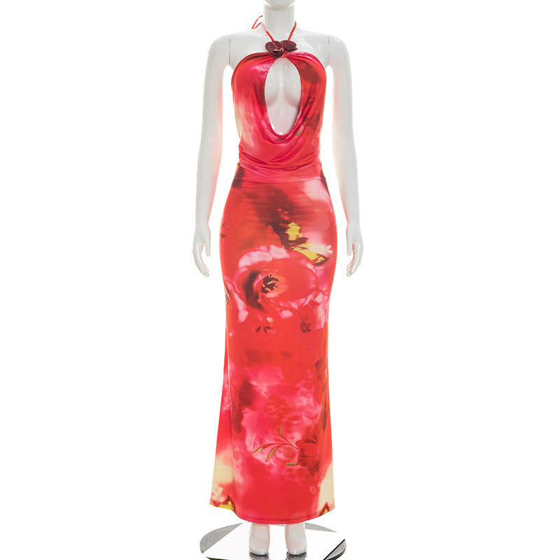 DZHT D26DS094 floral print hollow out swing collar halter strap long dress