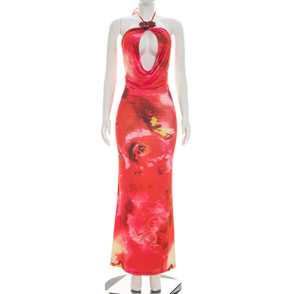 DZHT D26DS094 floral print hollow out swing collar halter strap long dress